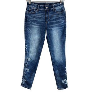 Chico's Ankle Jean Size 1.5 Medium 10 Embroidered Dark Wash Blue Floral Womens